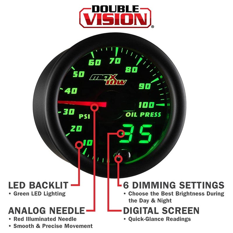 MaxTow Double Vision 100 PSI Oil Pressure Gauge Kit - Includes Electronic Sensor - Black Gauge Face - Green LED Illuminated Dial - Analog & Digital Readouts - for Trucks - 2-1/16" 52mm - Image 4